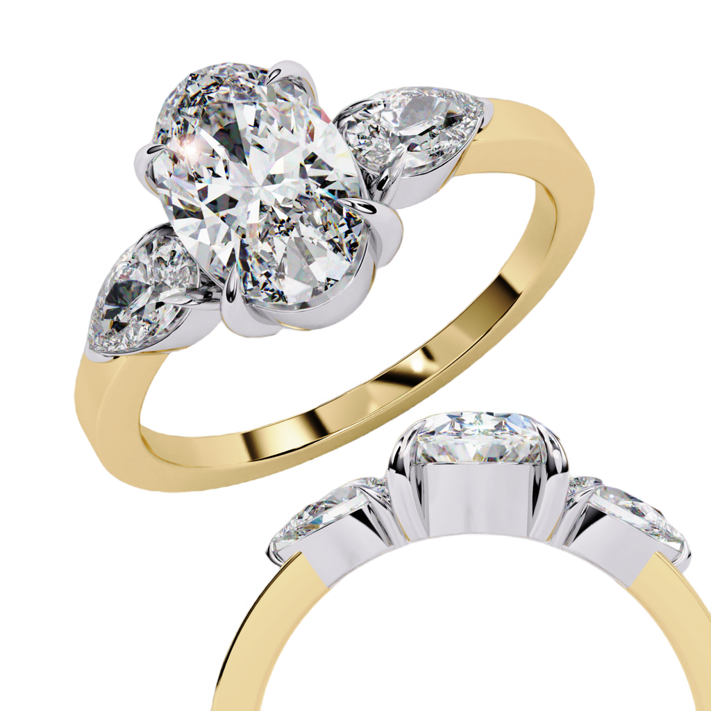 1.20 Carat Oval Cut Lab Grown Diamond Engagement Ring – Three Stone Diamond Ring with Pear Side Stones – Lustraa’s Three Stone Ring