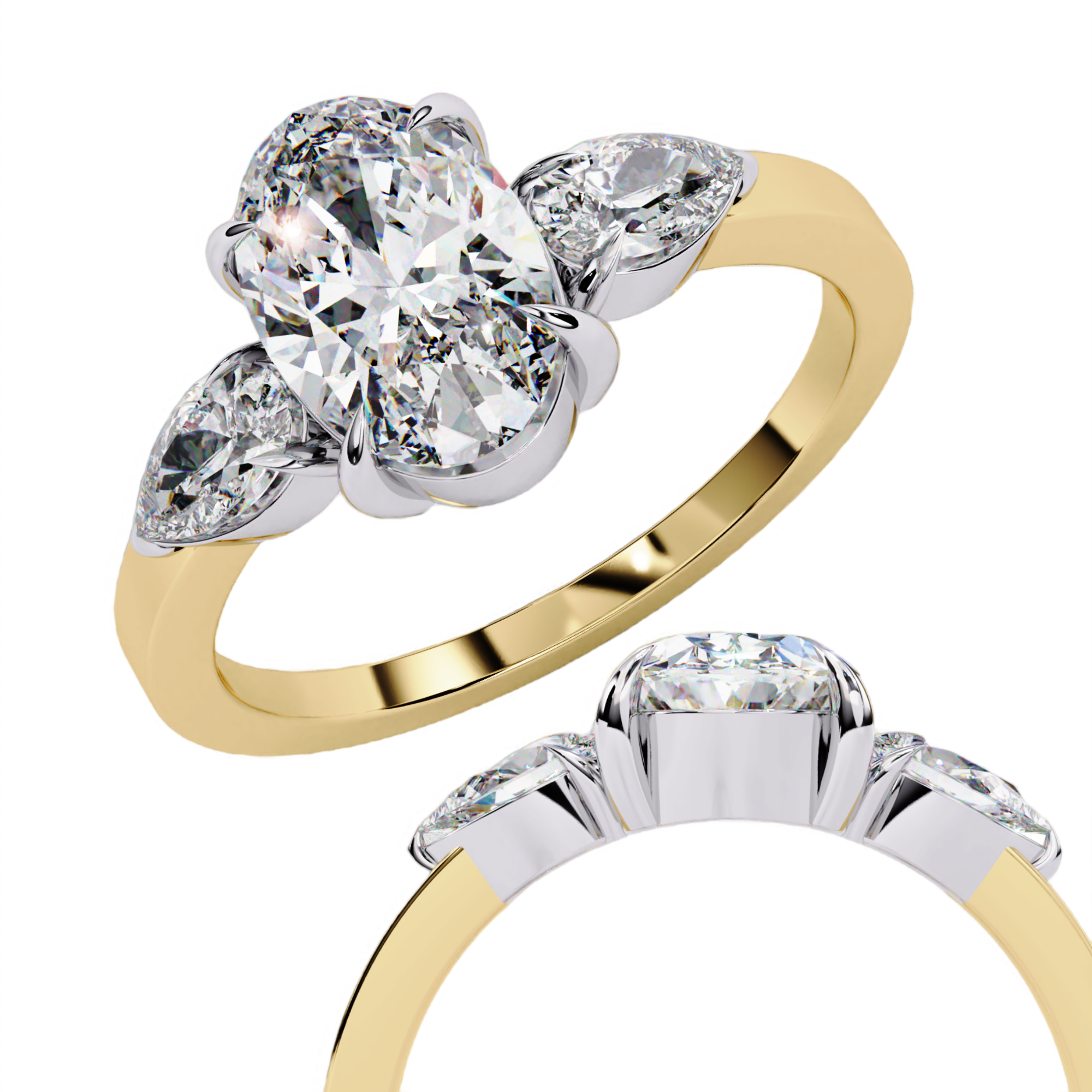 1.20 Carat Oval Cut Lab Grown Diamond Engagement Ring – Three Stone Diamond Ring with Pear Side Stones – Lustraa’s Three Stone Ring