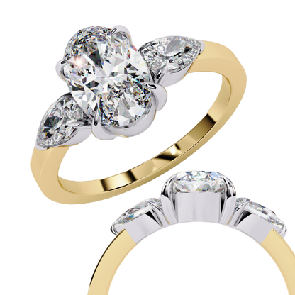 1.20 Carat Oval Cut Lab Grown Diamond Engagement Ring – Three Stone Diamond Ring with Pear Side Stones – Lustraa’s Three Stone Ring