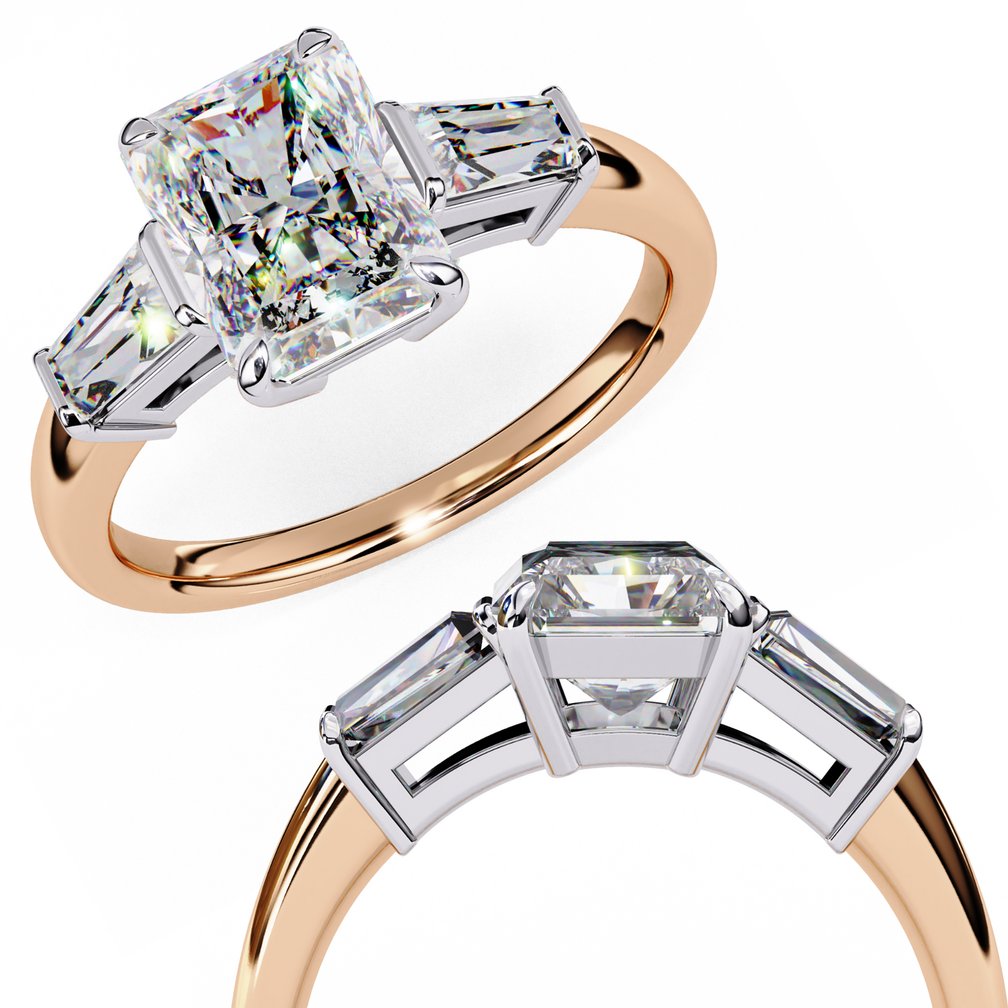 2.47 Carat Radiant Cut Lab Grown Diamond Engagement Ring – Elegant Three Stone Ring with Baguette Side Diamonds Lustraa’s- Lustraa’s Three Stone Ring