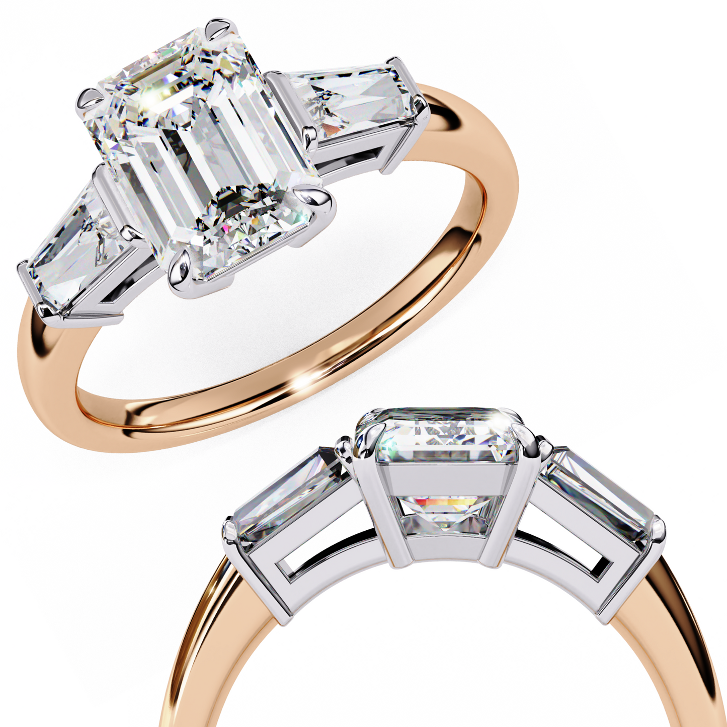 2.27 Carat Emerald Cut Lab Grown Diamond Ring – Elegant Three Stone Engagement Ring with Baguette Side Diamonds- Lustraa’s Three Stone Ring