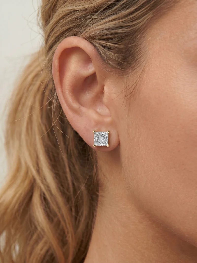 Lab Grown Diamond Geometric Edge Princess Cut Solitaire Stud Earrings