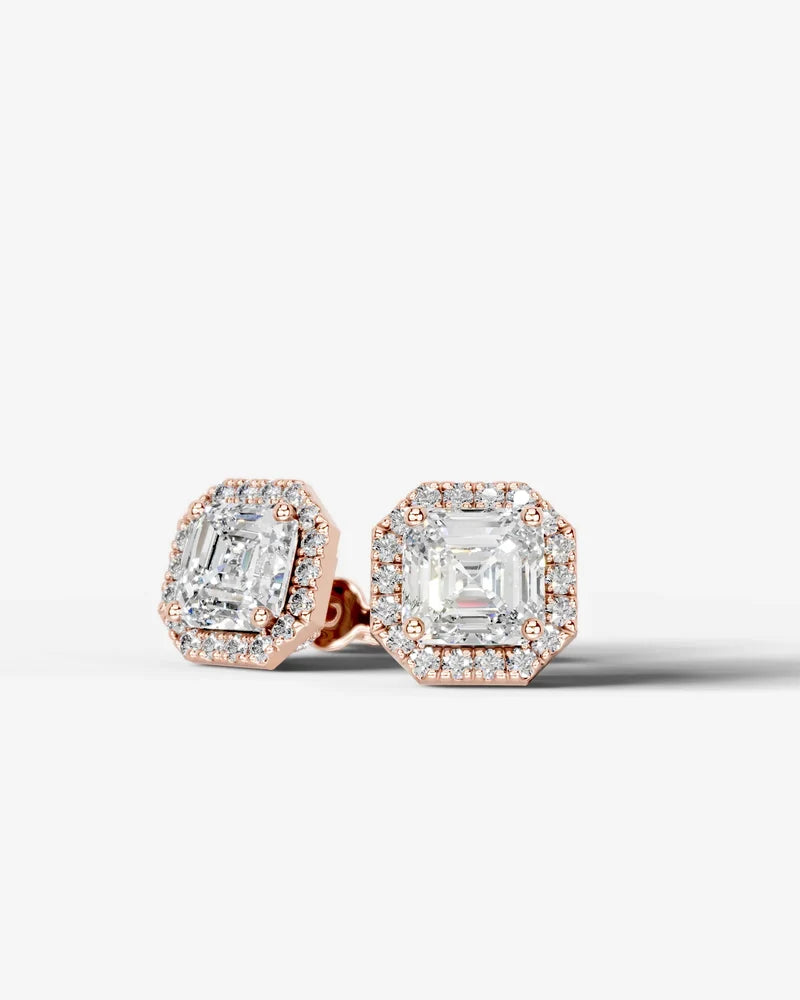 Lab Grown Diamond Octagon Halo Asscher Cut Stud Earrings