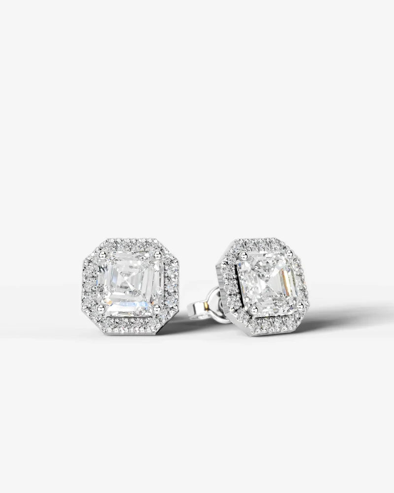 Lab Grown Diamond Octagon Halo Asscher Cut Stud Earrings