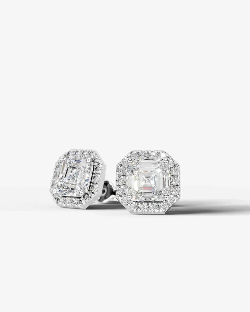 Lab Grown Diamond Octagon Halo Asscher Cut Stud Earrings