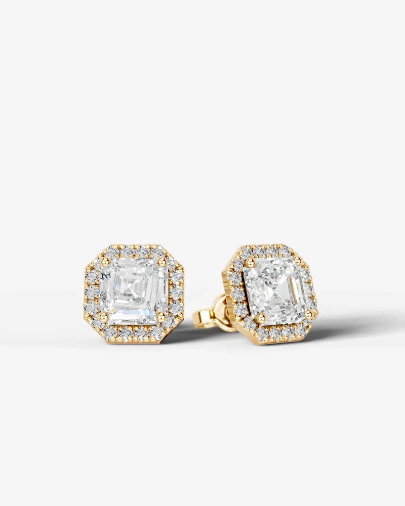 Lab Grown Diamond Octagon Halo Asscher Cut Stud Earrings