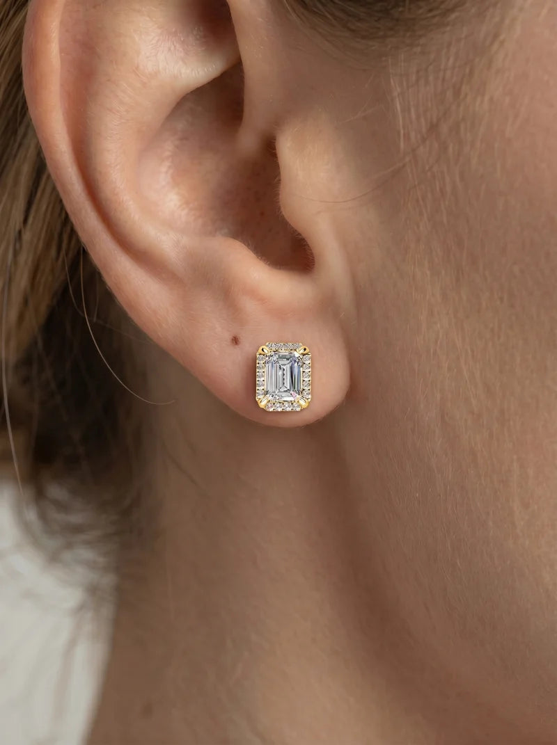 Lab Grown Diamond Classic Emerald Cut Halo Stud Earrings