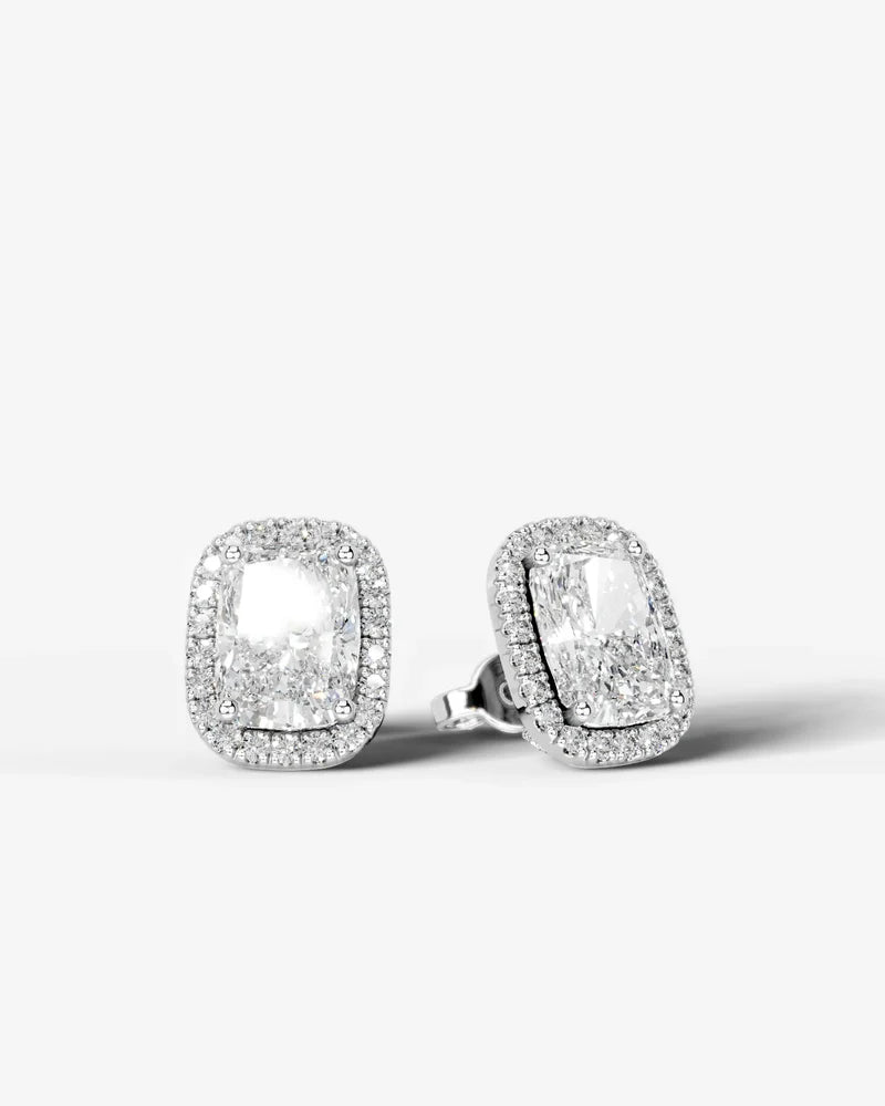 Lab Grown Diamond Velvet Halo Elongated Cushion Cut Stud Earrings