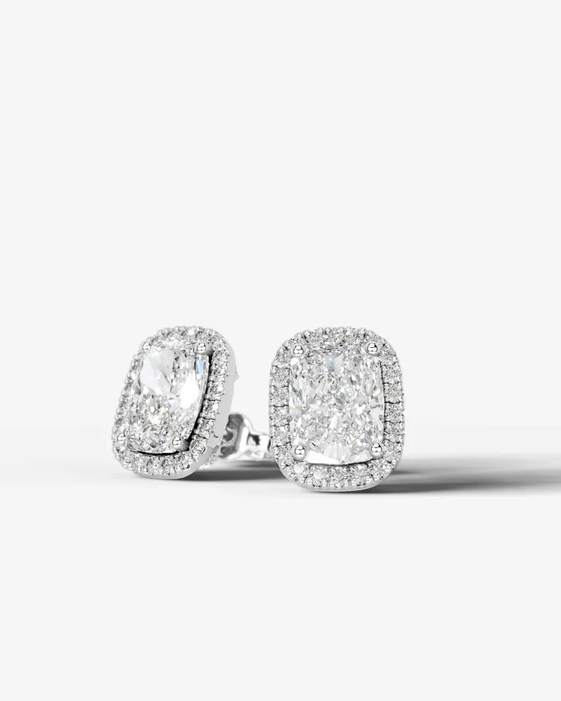 Lab Grown Diamond Velvet Halo Elongated Cushion Cut Stud Earrings