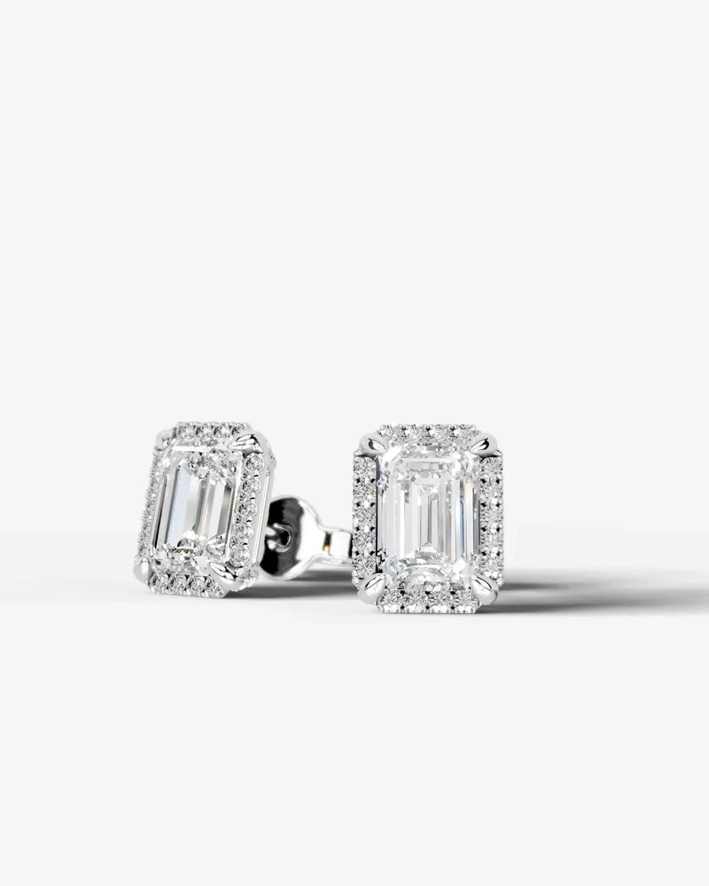 Lab Grown Diamond Classic Emerald Cut Halo Stud Earrings