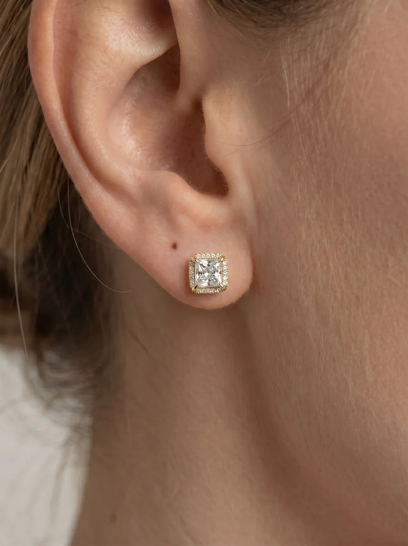 Lab Grown Diamond Imperial Prism Princess Cut Halo Stud Earrings