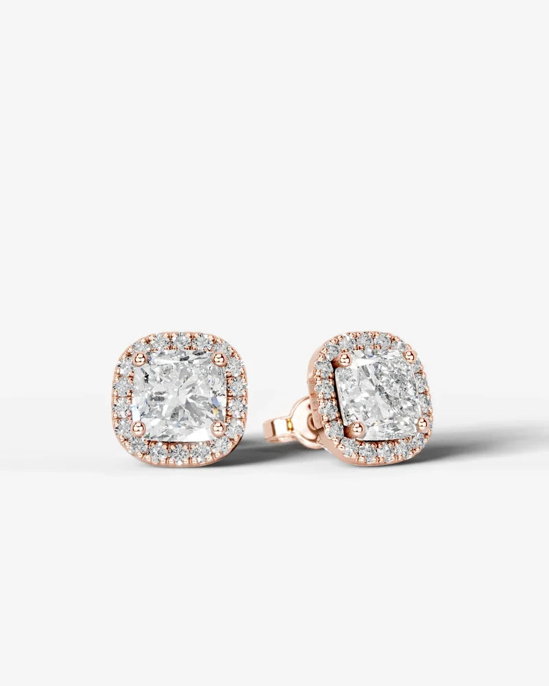 Lab Grown Diamond Pillow Precision Square Cushion Cut Halo Stud Earrings
