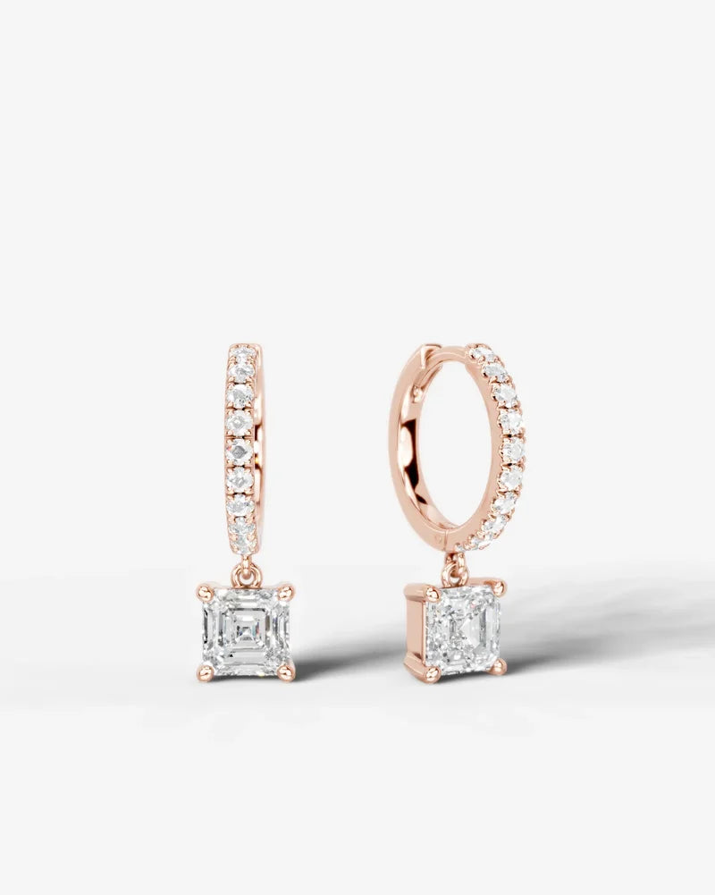 Lab Grown Diamond Asscher Cut Pavé Dangle Huggie Hoop Earrings