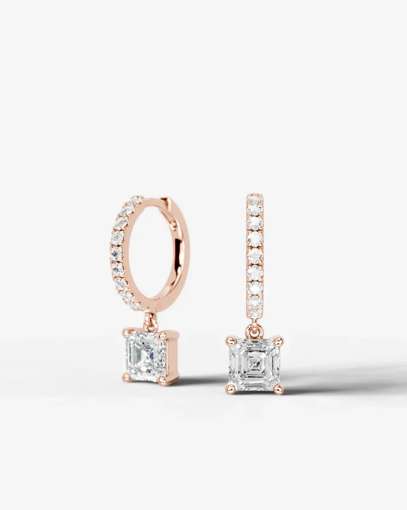 Lab Grown Diamond Asscher Cut Pavé Dangle Huggie Hoop Earrings