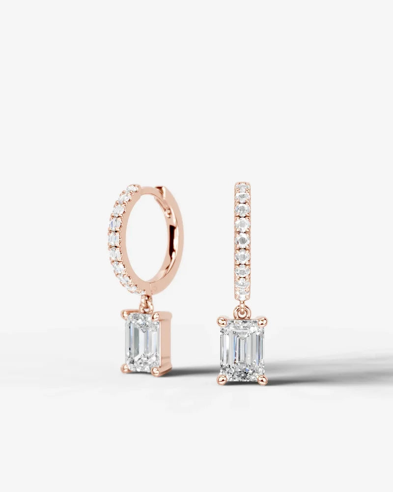Lab Grown Diamond Emerald Cut Pavé Dangle Huggie Hoop Earrings