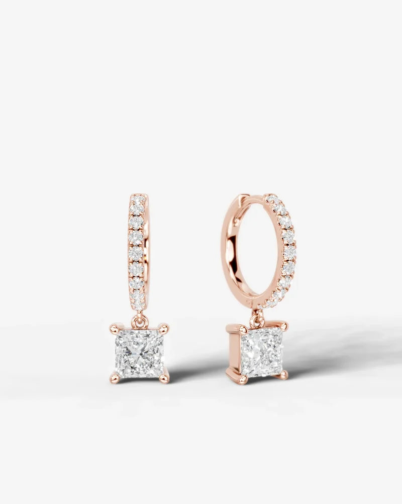 Lab Grown Diamond Princess Cut Pavé Dangle Huggie Hoop Earrings