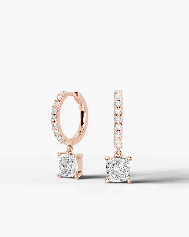 Lab Grown Diamond Square Cushion Cut Pavé Dangle Huggie Hoop Earrings