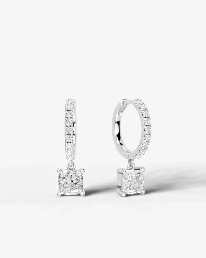 Lab Grown Diamond Square Cushion Cut Pavé Dangle Huggie Hoop Earrings