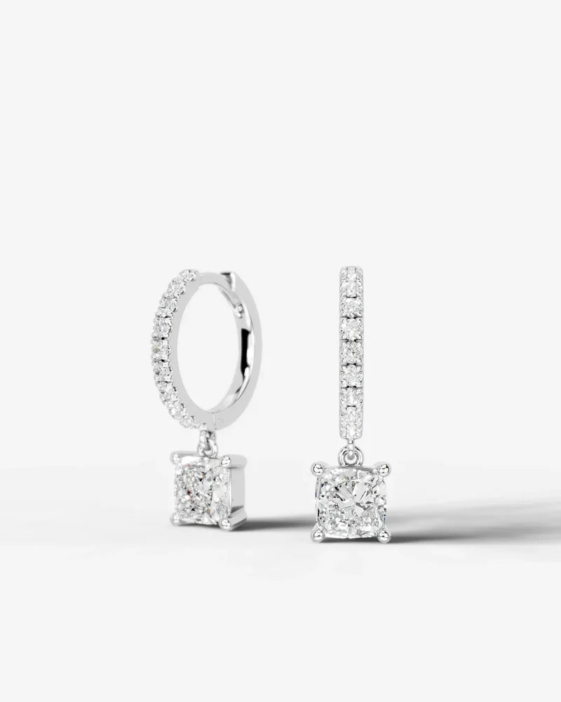 Lab Grown Diamond Square Cushion Cut Pavé Dangle Huggie Hoop Earrings