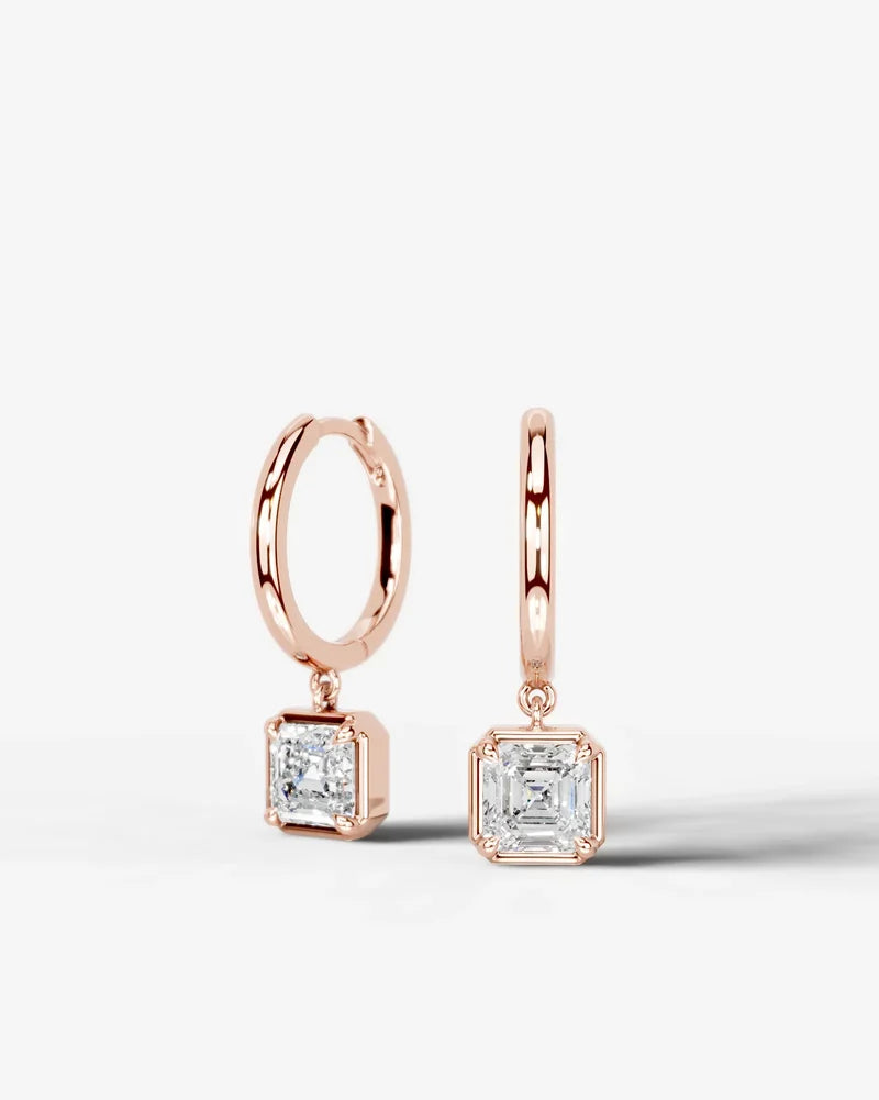 Lab Grown Diamond Asscher Cut Bezel Dangle Huggie Hoop Earrings