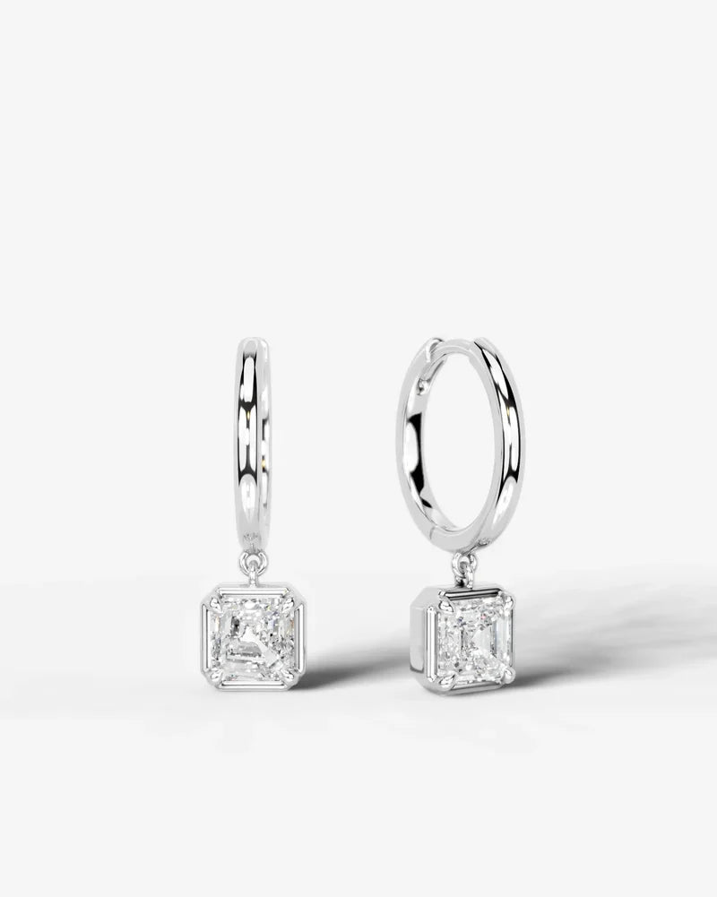 Lab Grown Diamond Asscher Cut Bezel Dangle Huggie Hoop Earrings