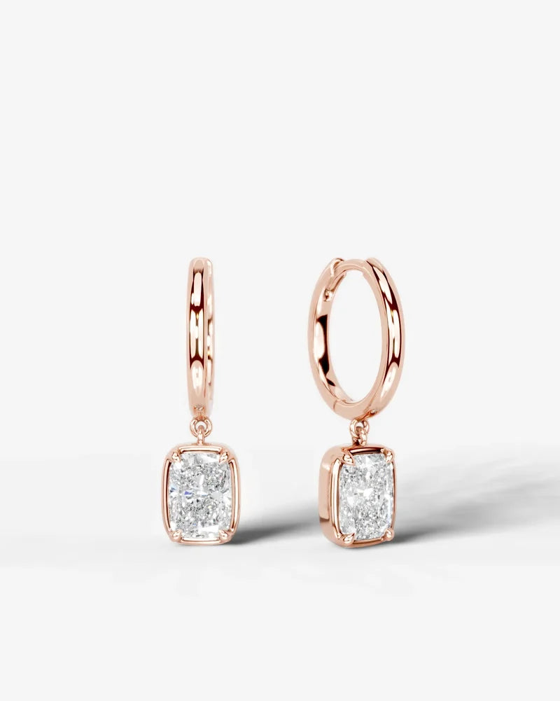 Lab Grown Diamond Elongated Cushion Bezel Dangle Huggie Hoop Earrings