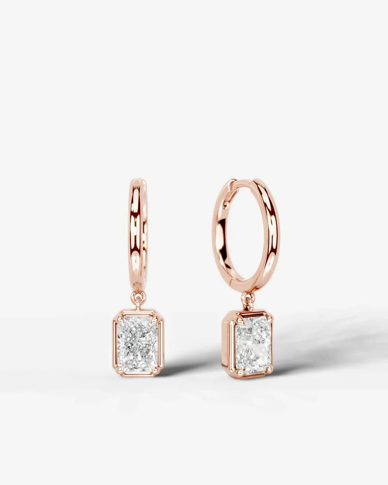 Lab Grown Diamond Elongated Radiant Bezel Dangle Huggie Hoop Earrings