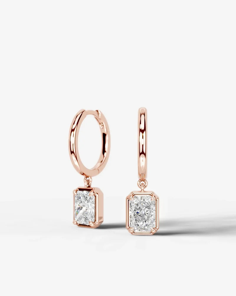 Lab Grown Diamond Elongated Radiant Bezel Dangle Huggie Hoop Earrings