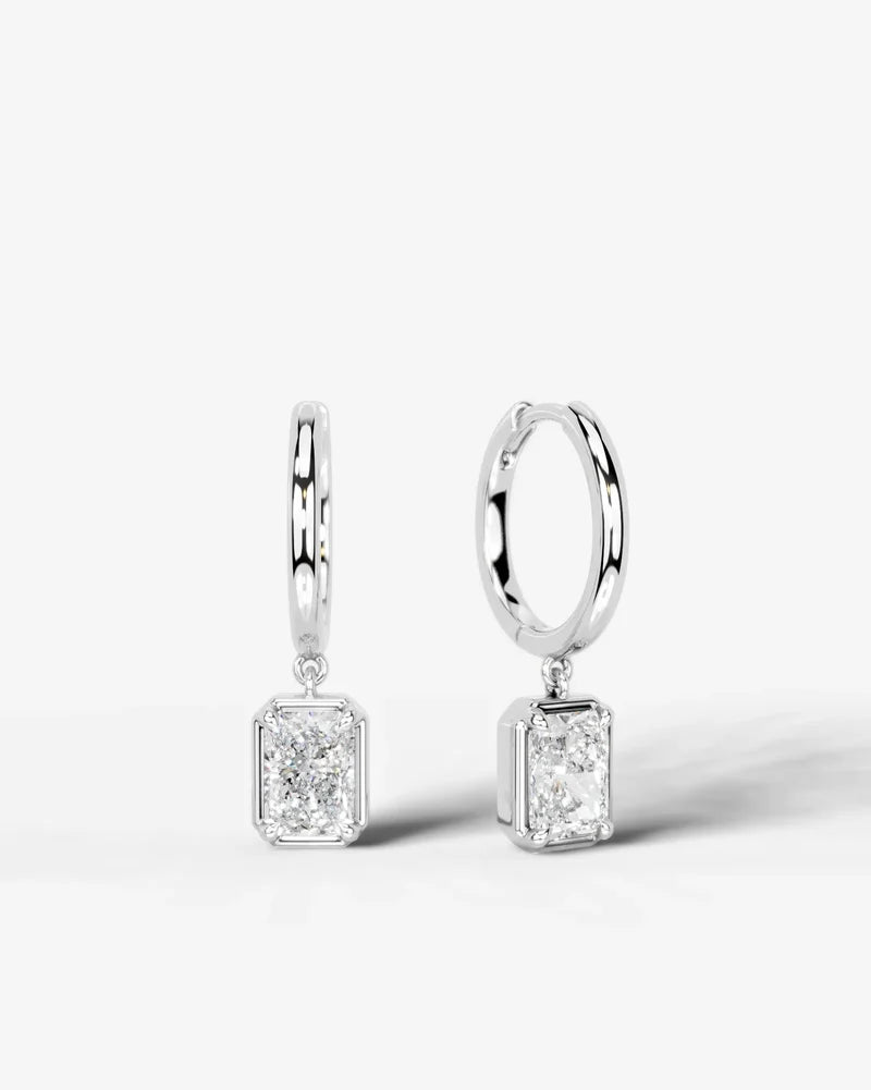 Lab Grown Diamond Elongated Radiant Bezel Dangle Huggie Hoop Earrings