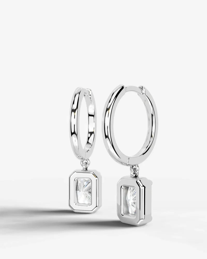 Lab Grown Diamond Elongated Radiant Bezel Dangle Huggie Hoop Earrings
