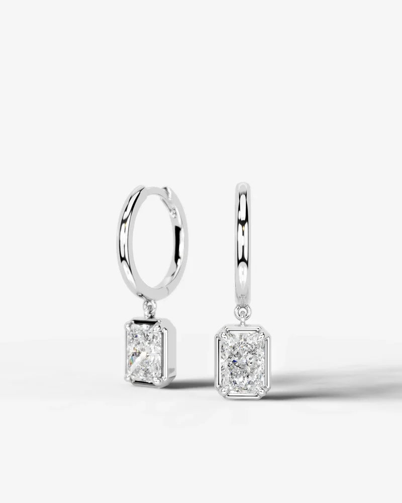 Lab Grown Diamond Elongated Radiant Bezel Dangle Huggie Hoop Earrings