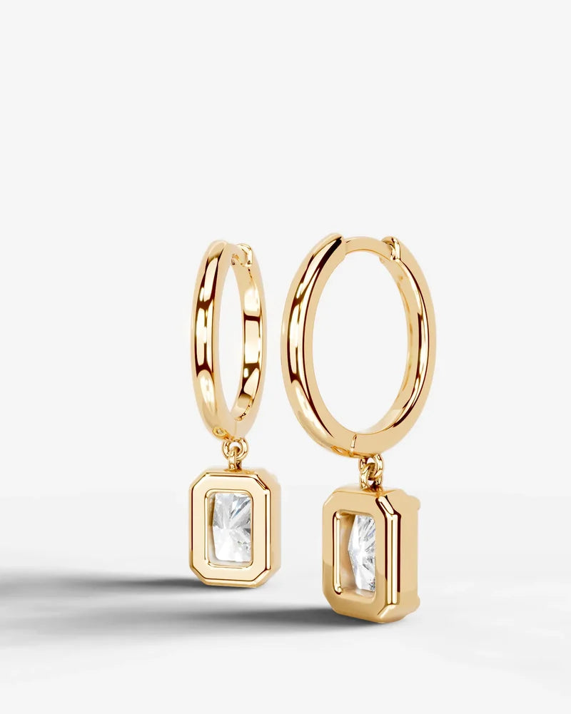 Lab Grown Diamond Elongated Radiant Bezel Dangle Huggie Hoop Earrings
