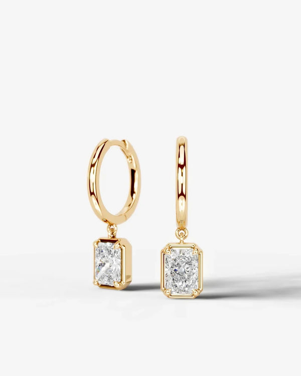 Lab Grown Diamond Elongated Radiant Bezel Dangle Huggie Hoop Earrings