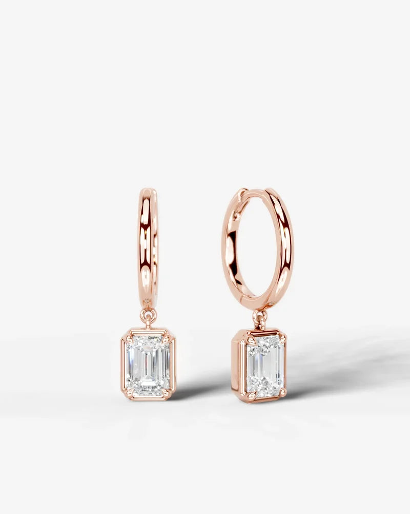 Lab Grown Diamond Emerald Cut Bezel Dangle Huggie Hoop Earrings