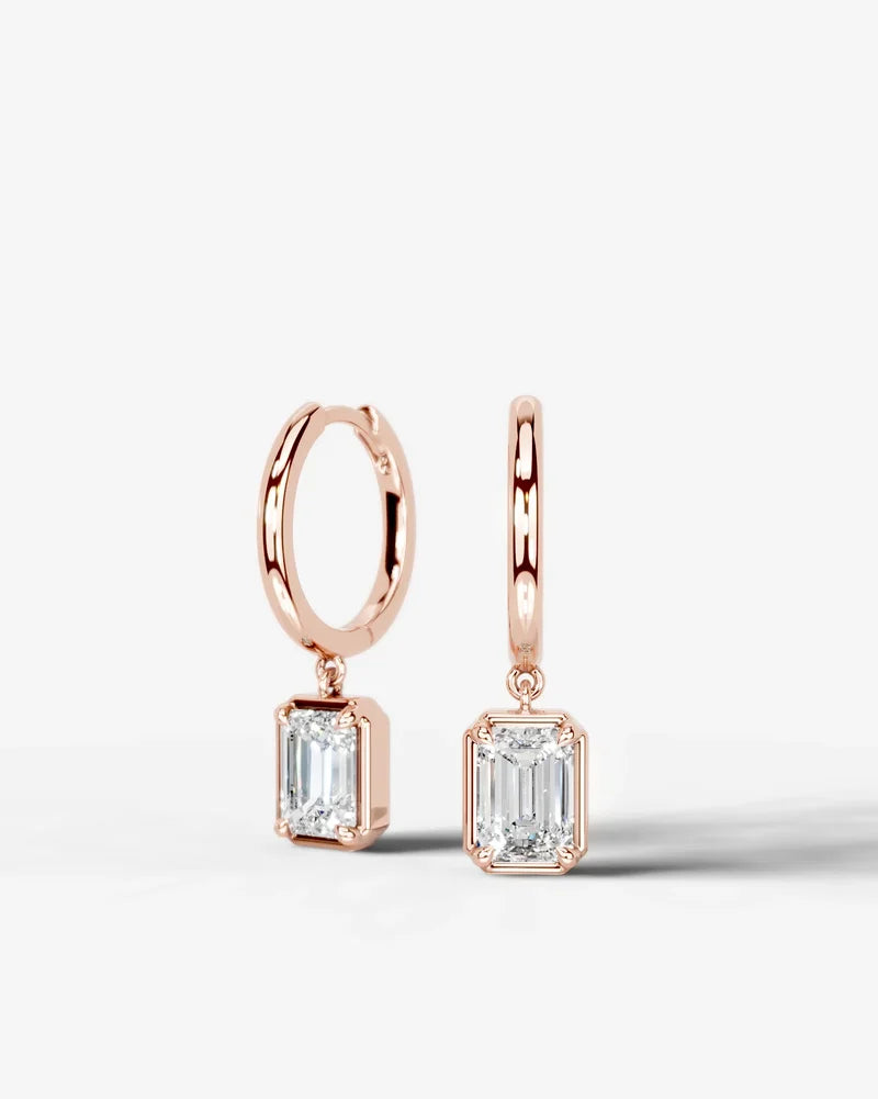 Lab Grown Diamond Emerald Cut Bezel Dangle Huggie Hoop Earrings