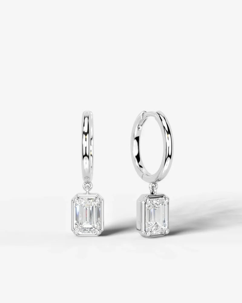 Lab Grown Diamond Emerald Cut Bezel Dangle Huggie Hoop Earrings