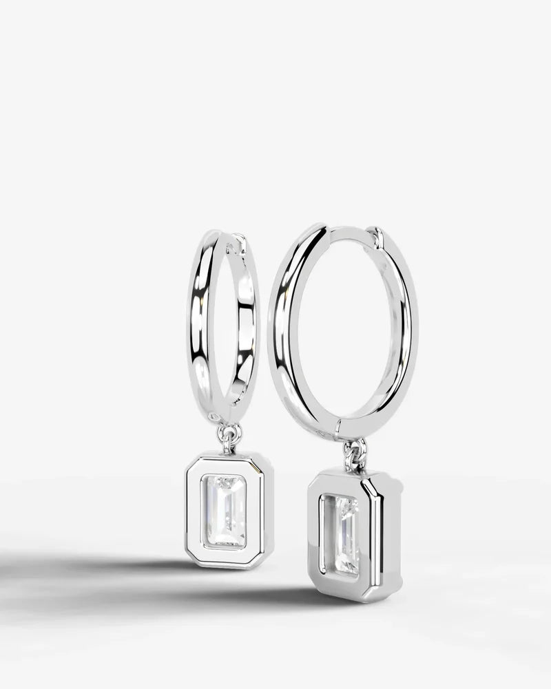 Lab Grown Diamond Emerald Cut Bezel Dangle Huggie Hoop Earrings
