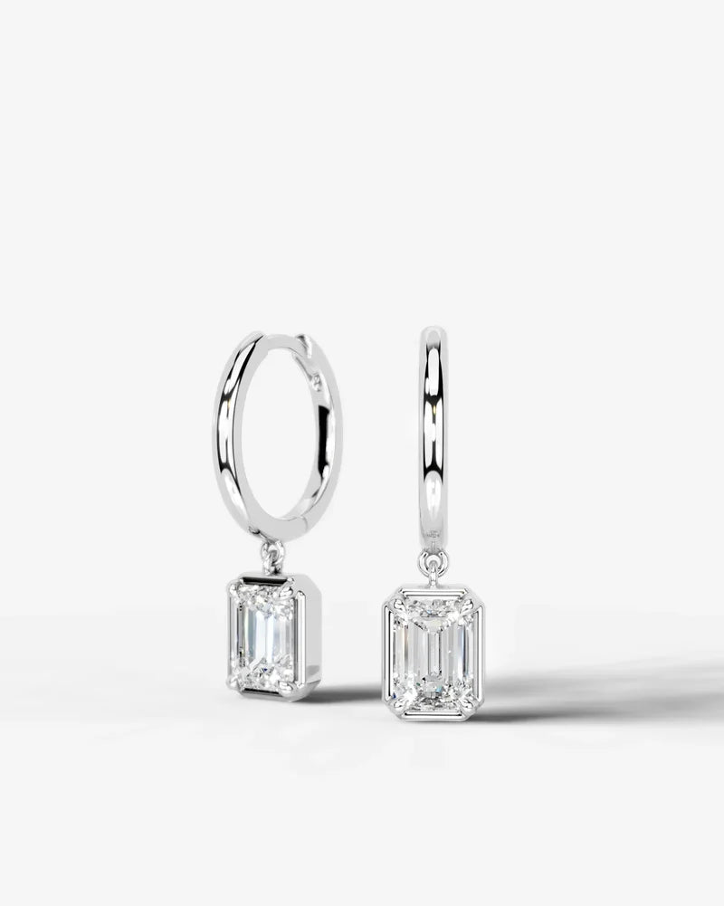 Lab Grown Diamond Emerald Cut Bezel Dangle Huggie Hoop Earrings
