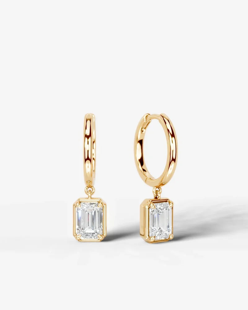 Lab Grown Diamond Emerald Cut Bezel Dangle Huggie Hoop Earrings