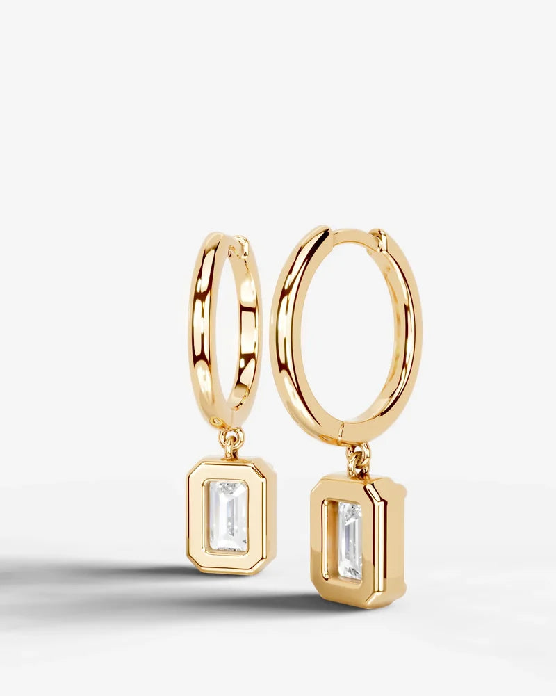 Lab Grown Diamond Emerald Cut Bezel Dangle Huggie Hoop Earrings