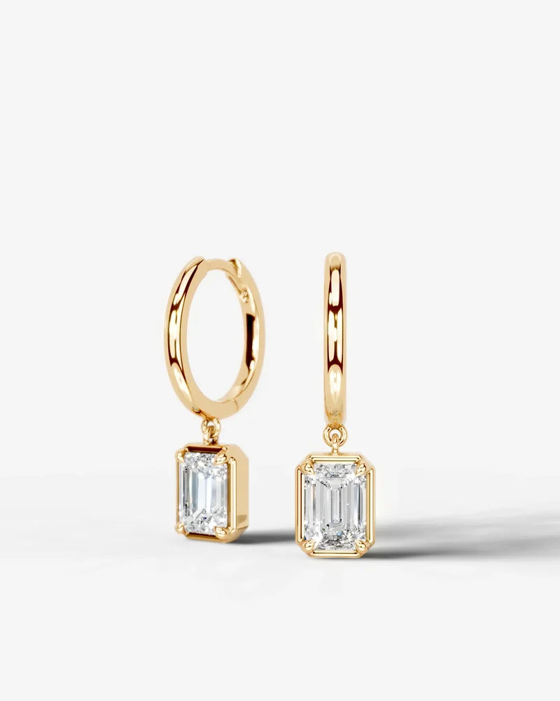 Lab Grown Diamond Emerald Cut Bezel Dangle Huggie Hoop Earrings