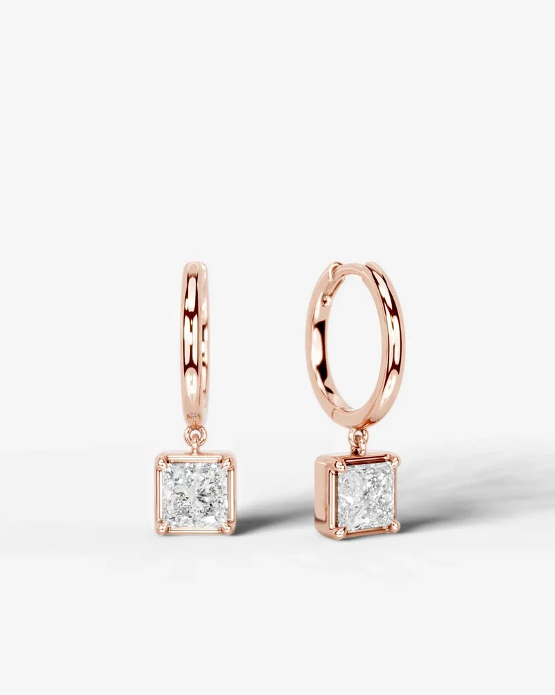 Lab Grown Diamond Princess Cut Bezel Dangle Huggie Hoop Earrings