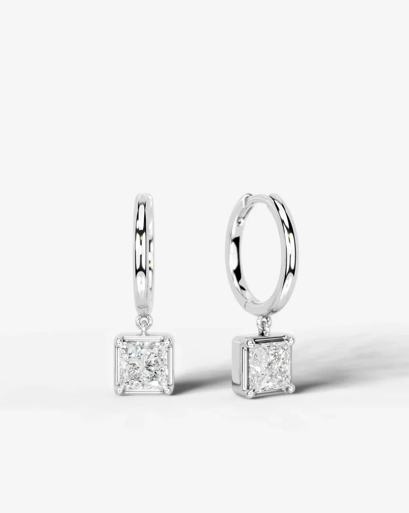 Lab Grown Diamond Princess Cut Bezel Dangle Huggie Hoop Earrings