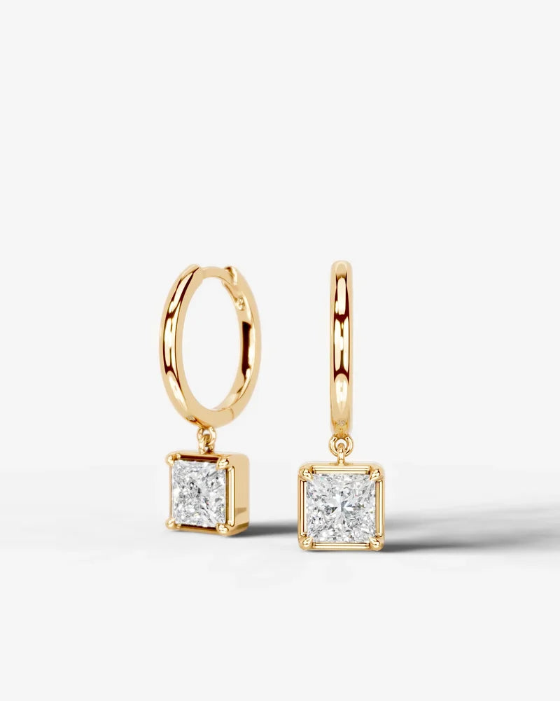 Lab Grown Diamond Princess Cut Bezel Dangle Huggie Hoop Earrings