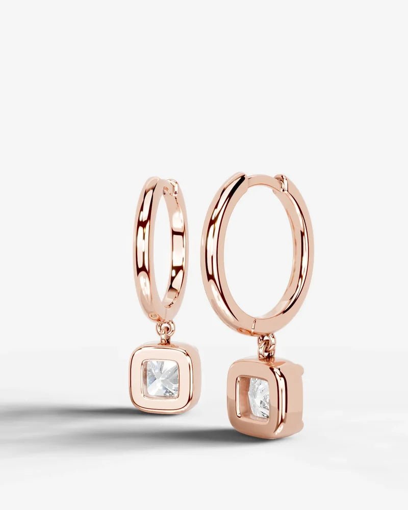 Lab Grown Diamond Square Cushion Bezel Dangle Huggie Hoop Earrings