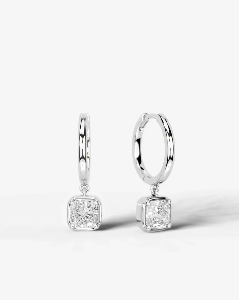 Lab Grown Diamond Square Cushion Bezel Dangle Huggie Hoop Earrings