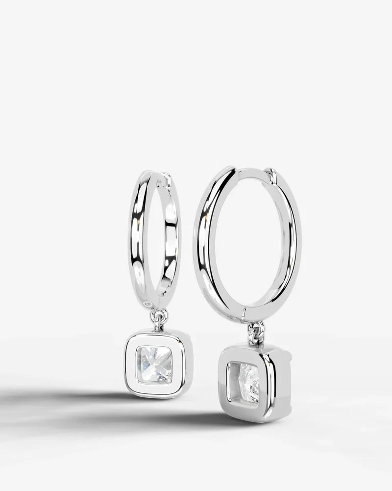Lab Grown Diamond Square Cushion Bezel Dangle Huggie Hoop Earrings