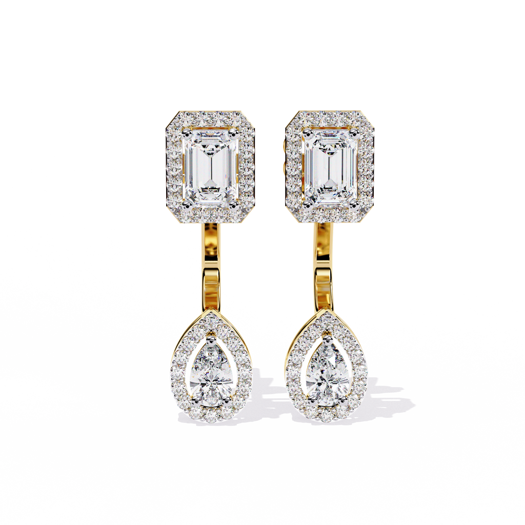 Emerald & Pear Cut Lab Grown Diamond Earrings – 2.12 Carat Halo Drop Studs – Ethical Sustainable Luxury Jewelry –Lustraa’s Diamond Earrings