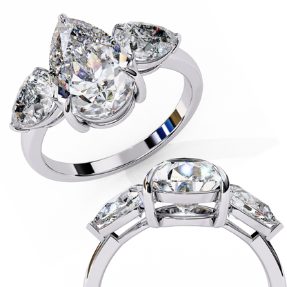 2.07 Carat Pear Shaped Lab Grown Diamond Ring – Elegant Three Stone Engagement Ring with Matching Pear Side Diamonds- Lustraa’s Three Stone Ring
