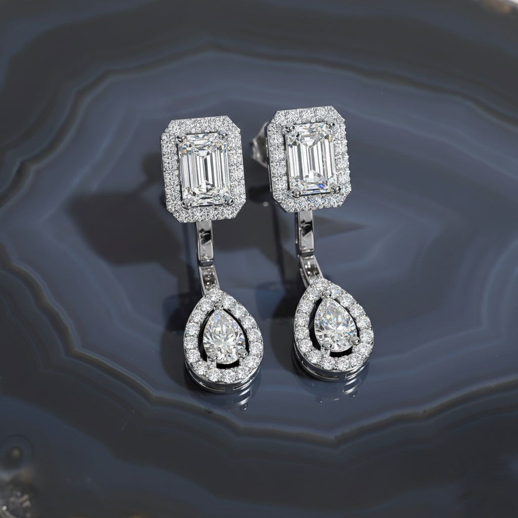 Emerald & Pear Cut Lab Grown Diamond Earrings – 2.12 Carat Halo Drop Studs – Ethical Sustainable Luxury Jewelry –Lustraa’s Diamond Earrings